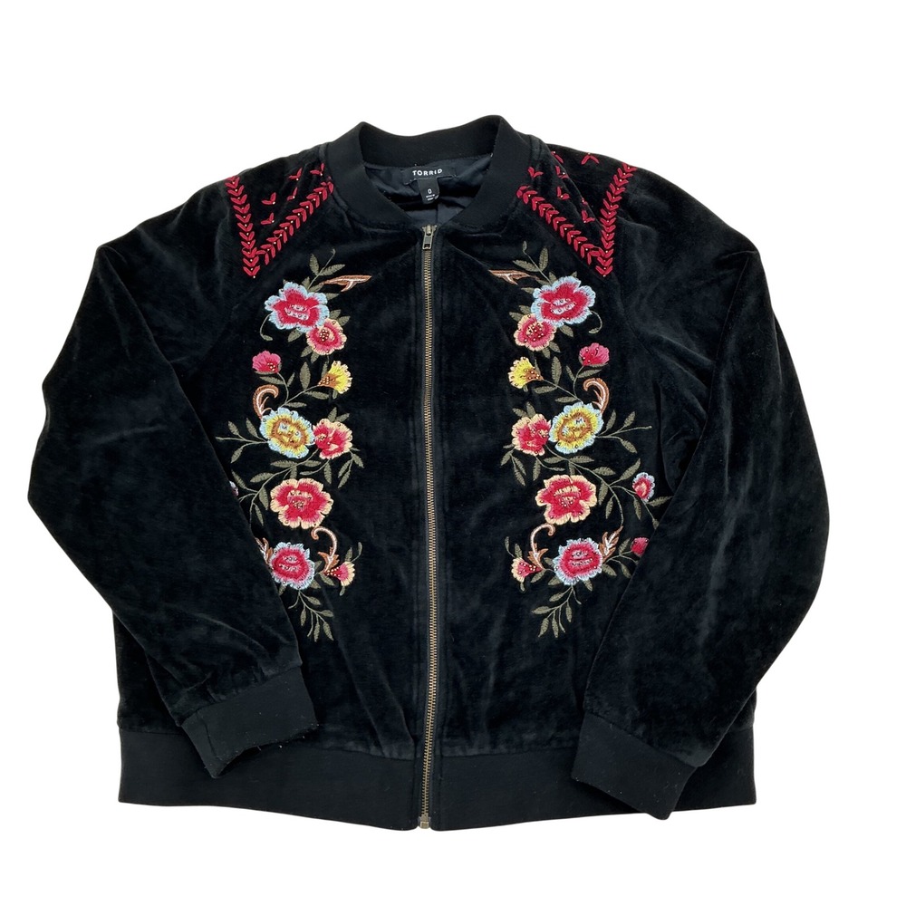 Torrid Bomber Jacket Womens 12 Black Velvet Floral Embroidered Boho Beaded Zip